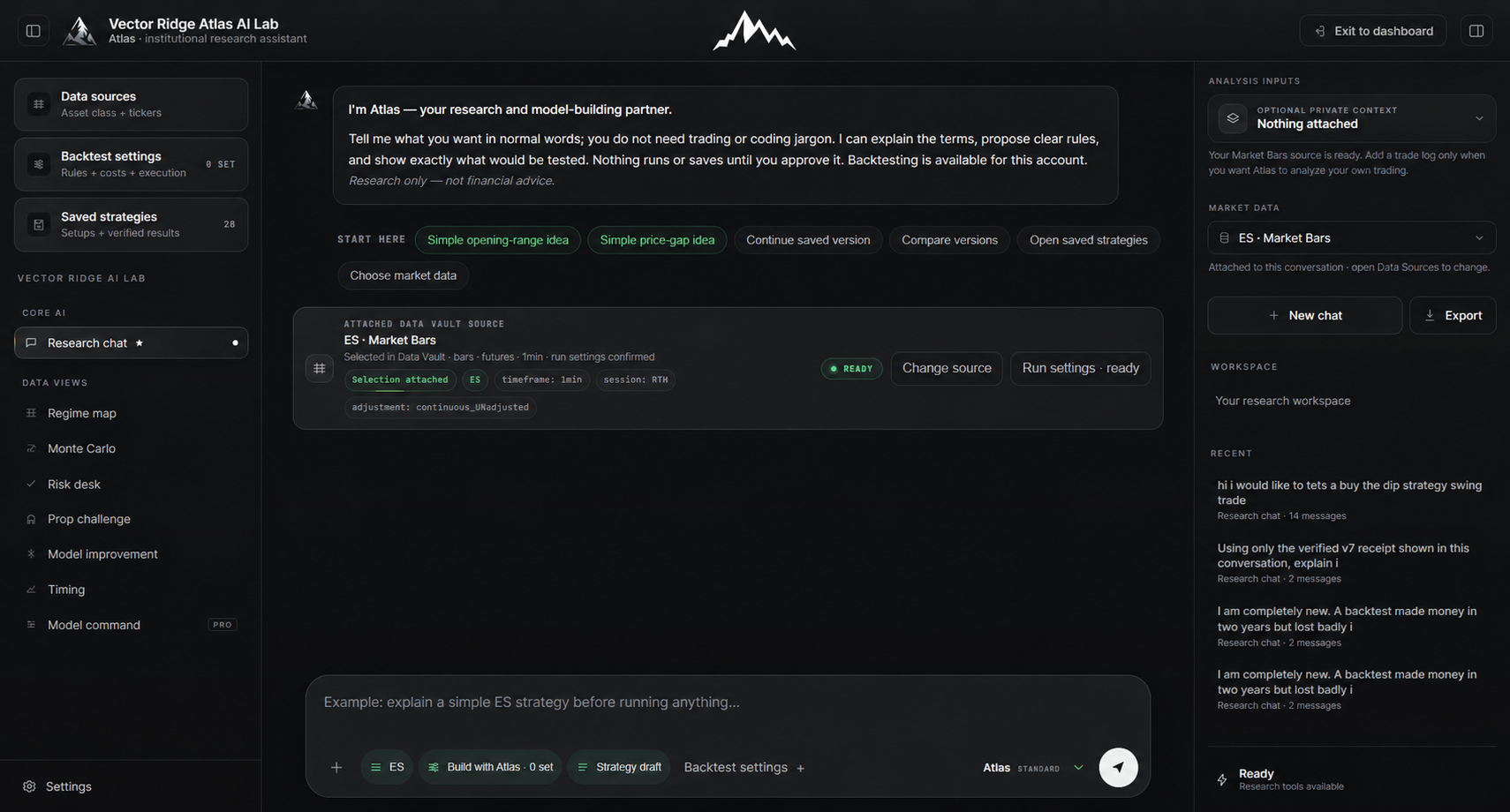 Vector Ridge Atlas AI Lab showing research chat, protected market data, explicit backtest settings, saved strategies, and the open right-hand analysis sidebar on desktop.