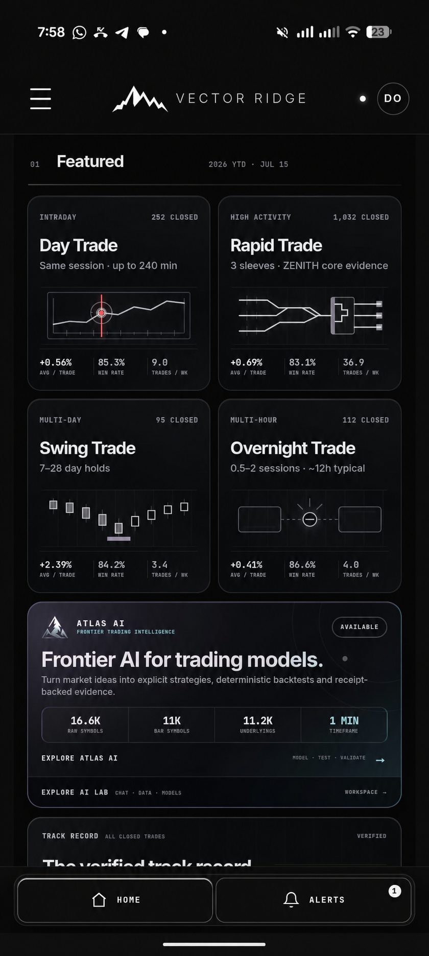 Vector Ridge Mobile App Home showing live benchmarks for Day Trade, Rapid Trade, Swing Trade, and Overnight Trade alongside Atlas AI.