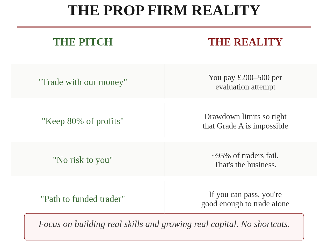 The Prop Firm Reality — The Pitch versus The Reality: 'Trade with our money' = You pay £200-500 per evaluation attempt. 'Keep 80% of profits' = Drawdown limits so tight Grade A is impossible. 'No risk to you' = ~95% of traders fail, that's the business. 'Path to funded trader' = If you can pass, you're good enough to trade alone.