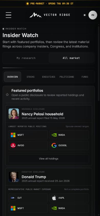 Insider Watch shown in the mobile Investor Desk interface