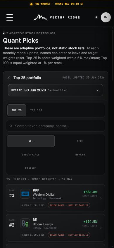Quant Picks shown in the mobile Investor Desk interface