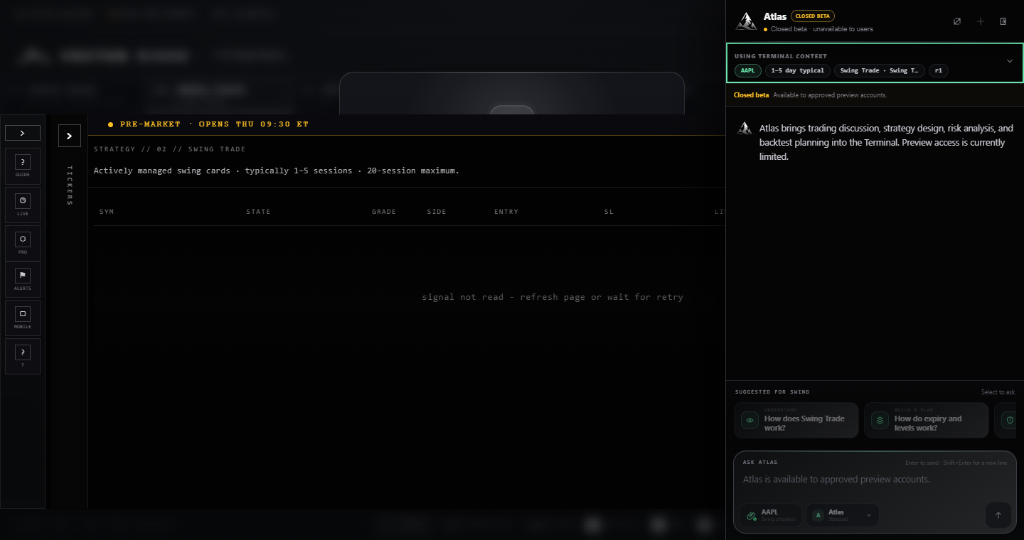 Atlas AI sidebar open beside the Swing Trade workspace, showing bounded Terminal context, suggested prompts, model selection and the composer
