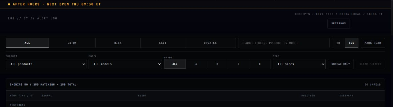 Alert Log filter controls with event classes, search, date range, product, model, grade, side and unread controls