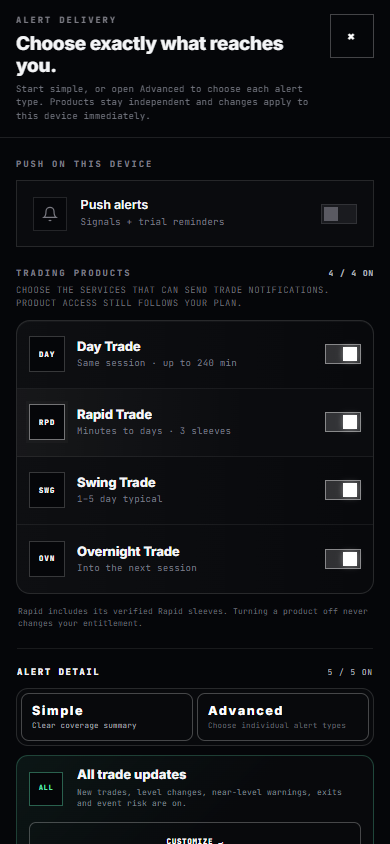 Current mobile Alert Delivery sheet showing push status, four trading products and Simple and Advanced detail controls